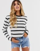 Asos Design Crop Boxy T-shirt With Long Sleeve In Stripe-multi