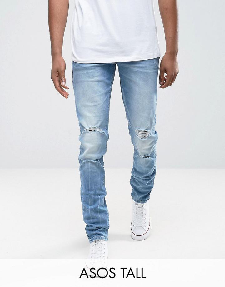 Asos Tall Skinny Jeans In Mid Wash Blue With Rips - Blue