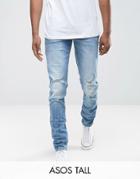 Asos Tall Skinny Jeans In Mid Wash Blue With Rips - Blue