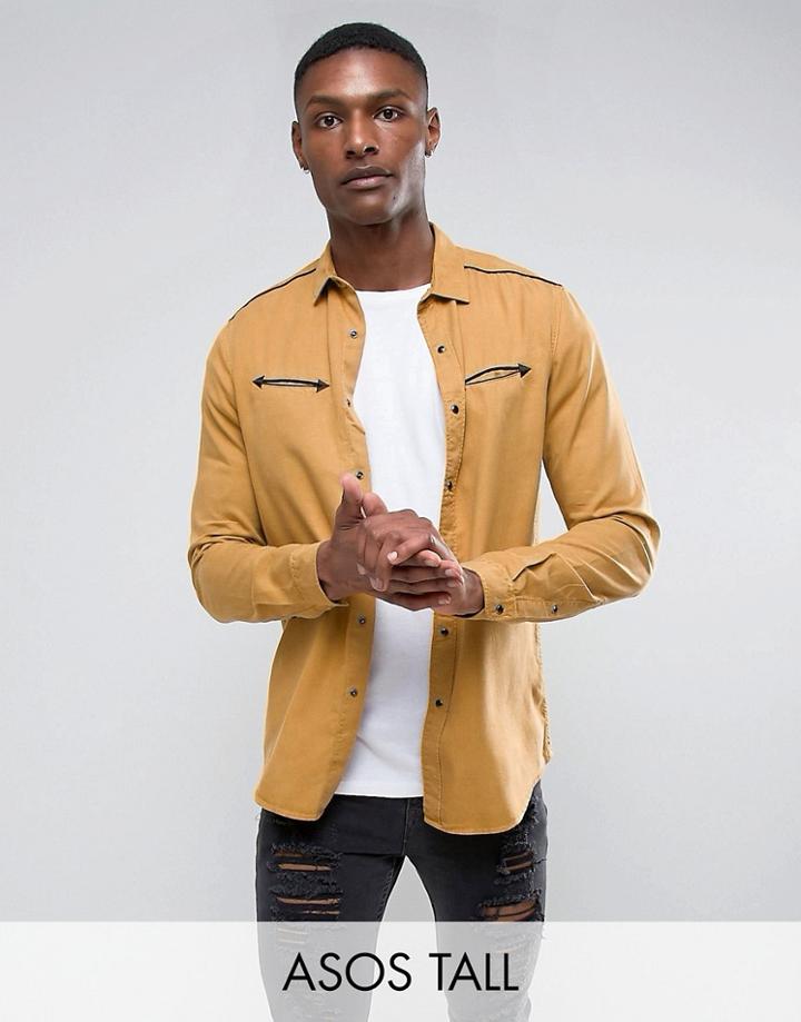 Asos Tall Regular Fit Shirt In Drape Fabric With Western Pockets In Mustard - Green