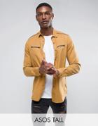 Asos Tall Regular Fit Shirt In Drape Fabric With Western Pockets In Mustard - Green