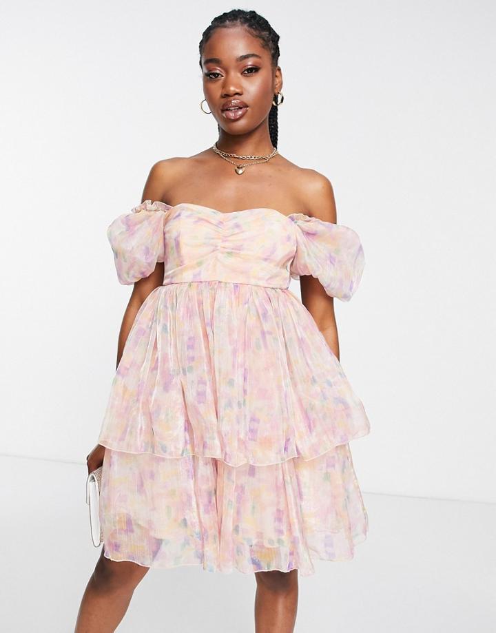 Maya Prom Puff Sleeve Organza Mini Dress In Pastel-multi