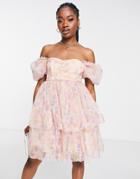 Maya Prom Puff Sleeve Organza Mini Dress In Pastel-multi