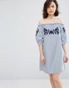 Parisian Off Shoulder Stripe Dress With Embroidery - Blue