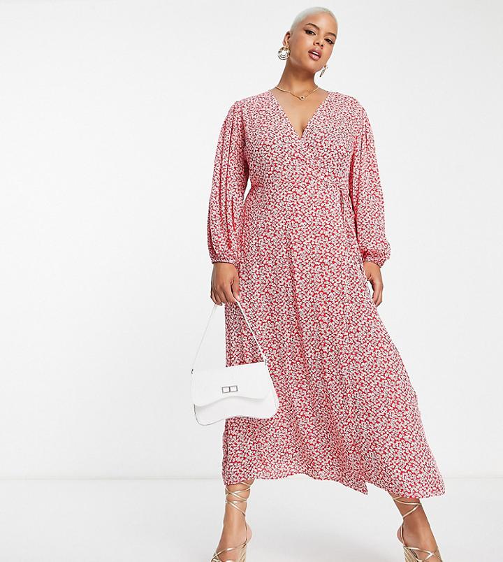 Glamorous Curve Midi Wrap Dress In Red Delicate Print