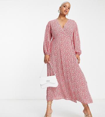 Glamorous Curve Midi Wrap Dress In Red Delicate Print