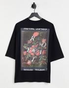Asos Design Oversized T-shirt In Black With Photographic Floral Back Print