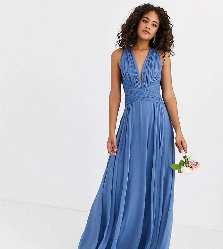 Asos Design Tall Bridesmaid Ruched Bodice Drape Maxi Dress With Wrap Waist-blue