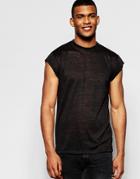 Asos Longline T-shirt In Linen Look With Cap Sleeve And Step Hem In Black - Black
