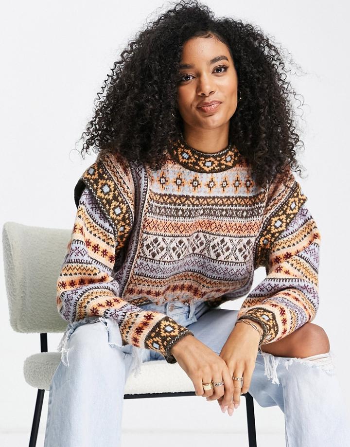 Mango Pattern Print Sweater With Sleeve Detail In Multi-neutral