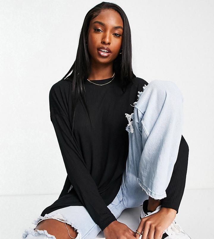 Asos Design Tall Top With Side Splits And Long Sleeve In Clean Rib In Black