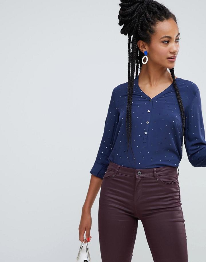 Esprit Polka Dot Button Front Blouse In Navy - Navy