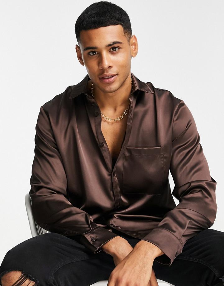 Topman Satin Shirt In Brown