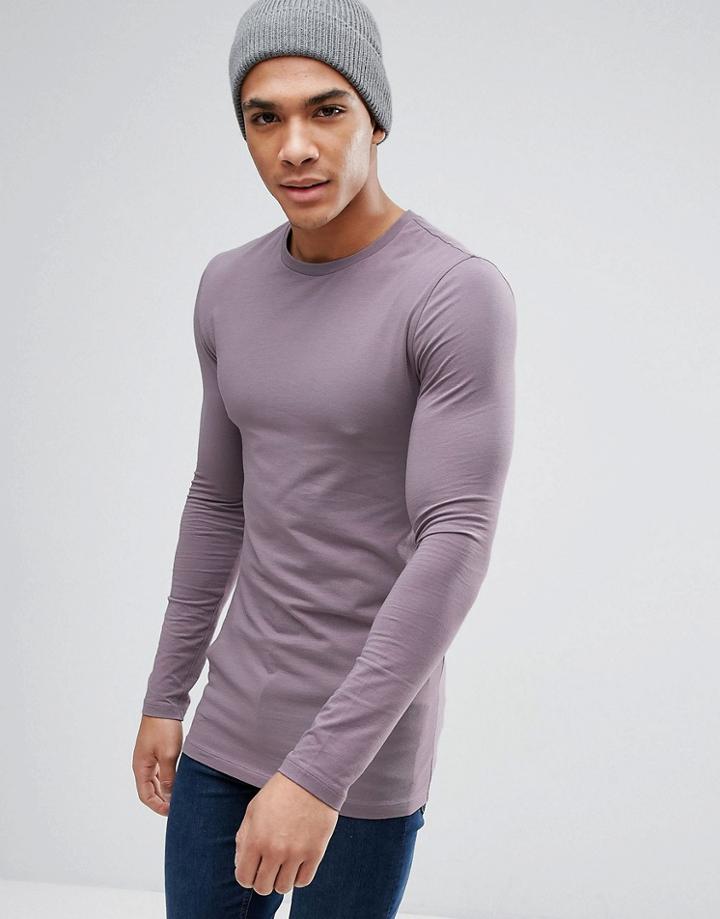 Asos Longline Muscle Fit T-shirt With Long Sleeves In Lilac - Purple