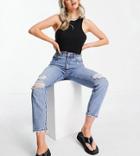 Dr Denim Petite Nora High Rise Mom Jeans With Ripped Knees In Mid Wash Blue-blues