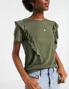 Jdy T-shirt With Frill Detail In Khaki-green