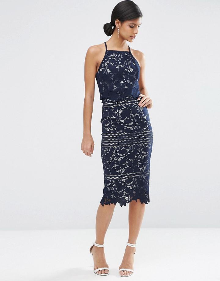 Asos Lace Floral Scallop Midi Dress - Navy