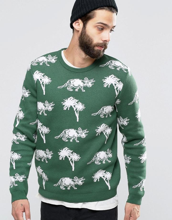Asos Sweater With Dinosaurs And Palm Trees - Green