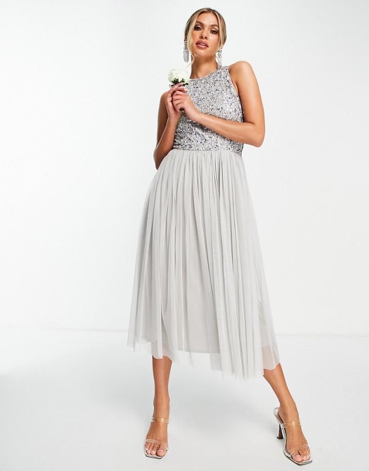 Beauut Bridesmaid Sequin Embellished Midi Dress With Tulle Skirt In Light Gray-grey