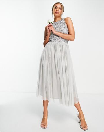 Beauut Bridesmaid Sequin Embellished Midi Dress With Tulle Skirt In Light Gray-grey
