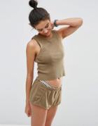 Asos Lounge Rib Trim High Neck Tank & Short Set - Khaki