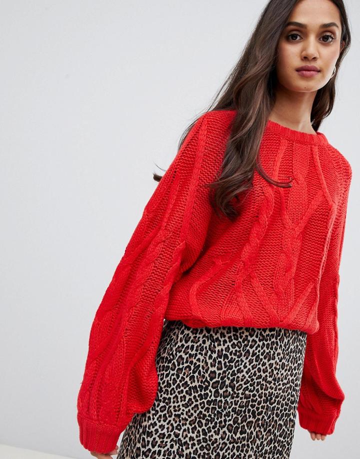 Brave Soul Macrame Chunky Cable Knit Sweater With Wide Sleeves - Red