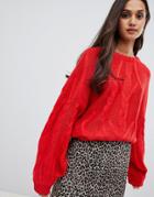 Brave Soul Macrame Chunky Cable Knit Sweater With Wide Sleeves - Red