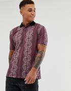 Asos Design Relaxed Polo With All Over Paisley Print And Contrast Collar - Purple