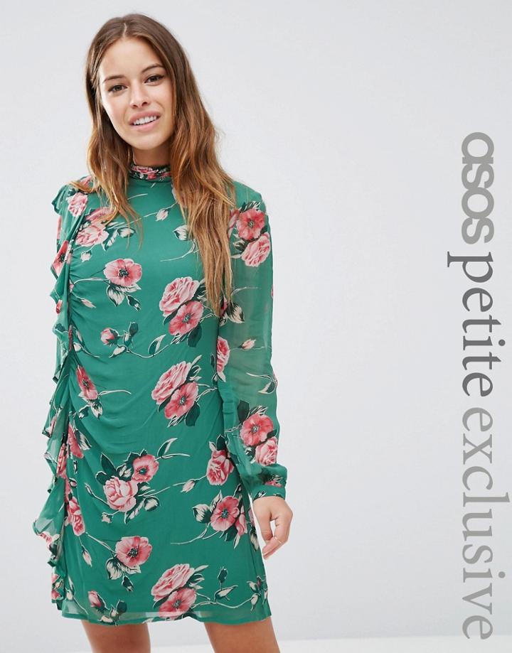 Asos Petite Long Sleeve Ruffle Mini Shift Dress In Floral Print - Gree