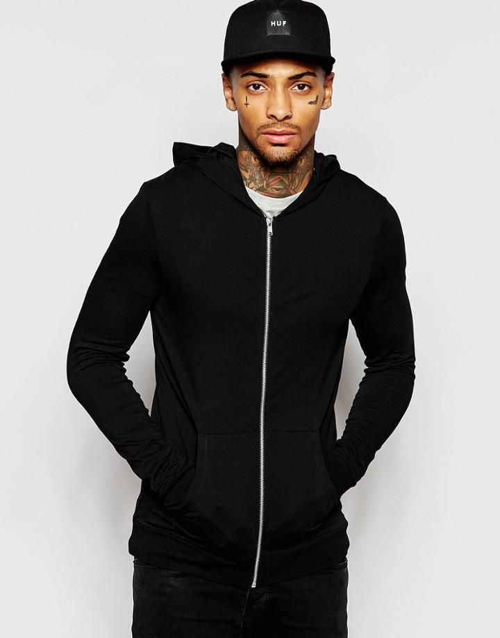 Asos Muscle Zip Up Hoodie In Black Lightweight Jersey - Black