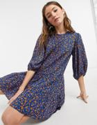 New Look Double Tier Smock Mini Dress In Blue Floral-blues