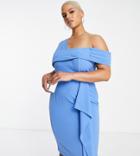 Lavish Alice Plus Asymmetric Off Shoulder Midi Dress In Blue