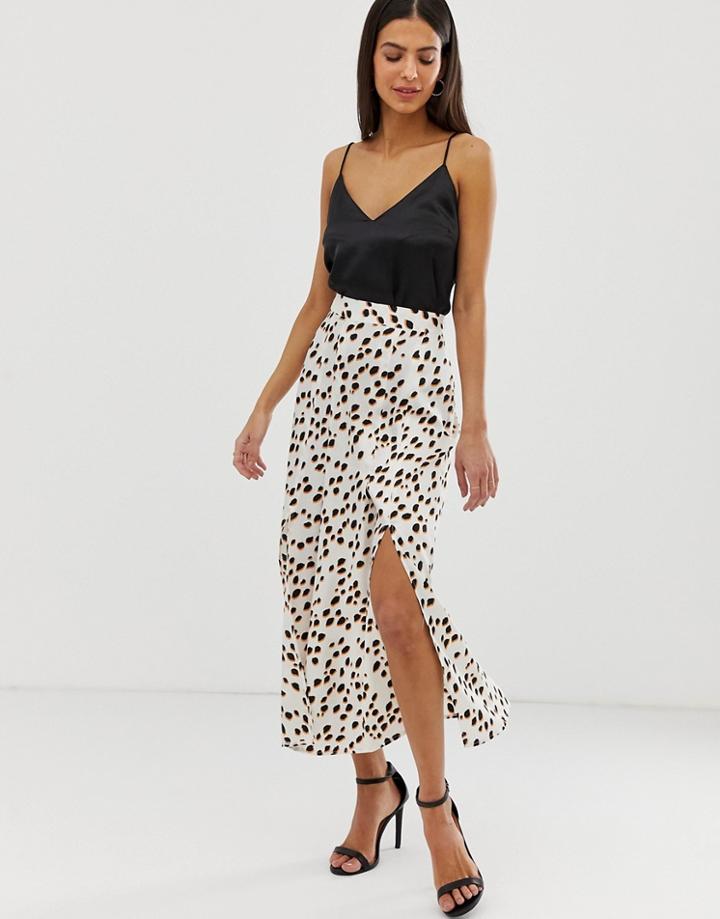 River Island Midi Skirt With Side Slit In Polka Dot-white