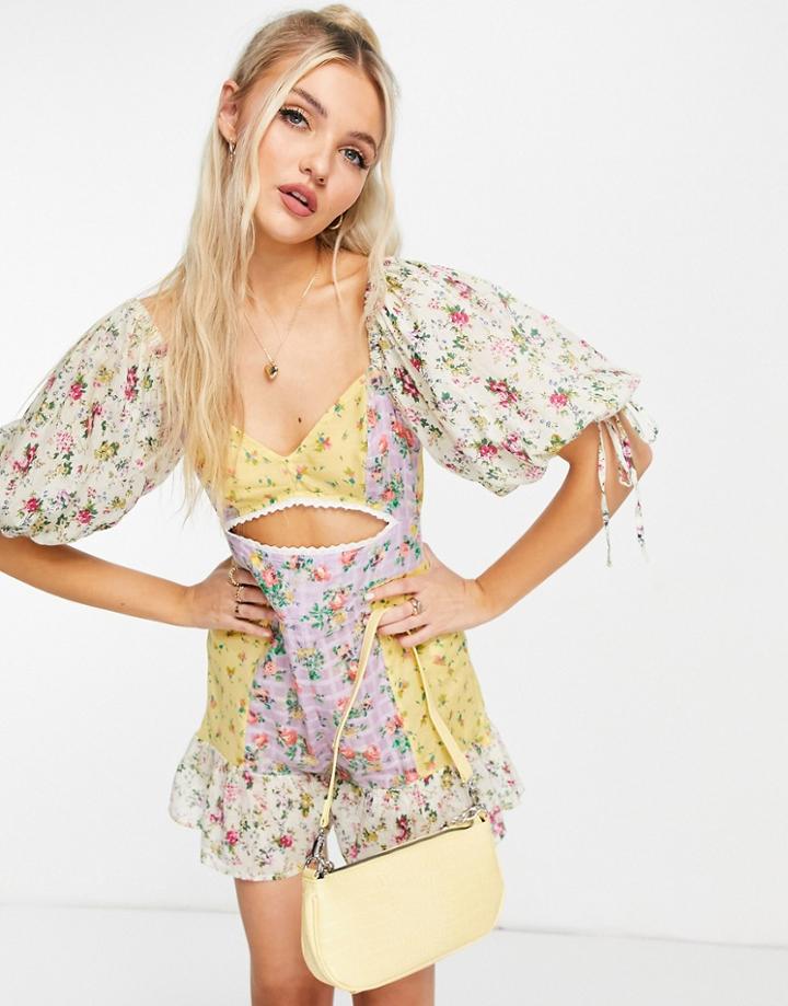 Asos Design Big Sleeve Romper In Mixed Ditsy Print-multi