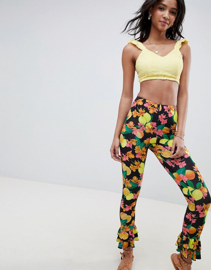 Asos Design Leggings With Double Ruffle Hem In Fruit Floral Print - Multi