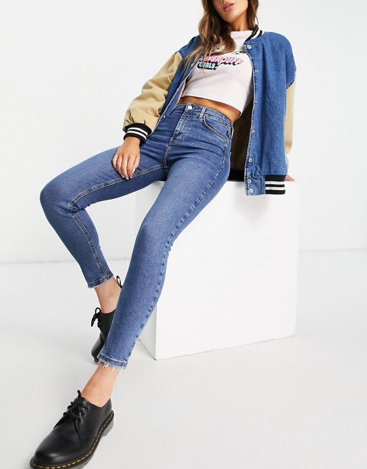 Topshop Jamie Jean With Abraded Hem In Mid Blue-blues