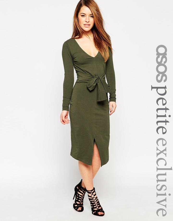 Asos Petite Long Sleeve Midi Body-conscious Dress With Tie Waist - Khaki