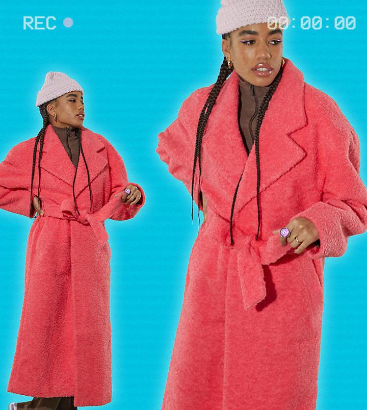 Collusion Longline Textured Coat In Hot Pink