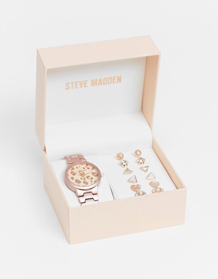 Steve Madden Watch With Leopard Face And Six Piece Earring Set In Rose-pink