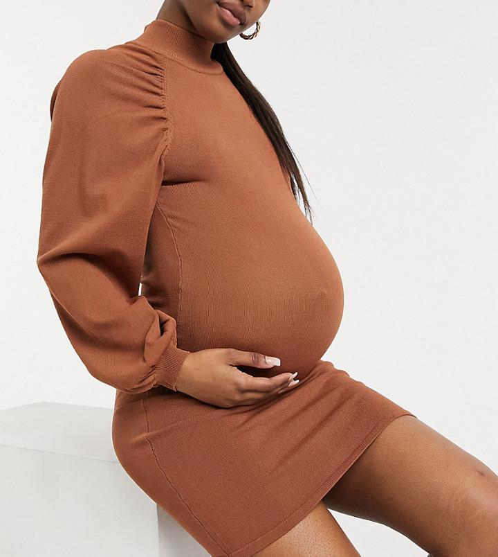 Asos Design Maternity Knitted Mini Dress With Pleat Sleeve Detail In Camel-neutral
