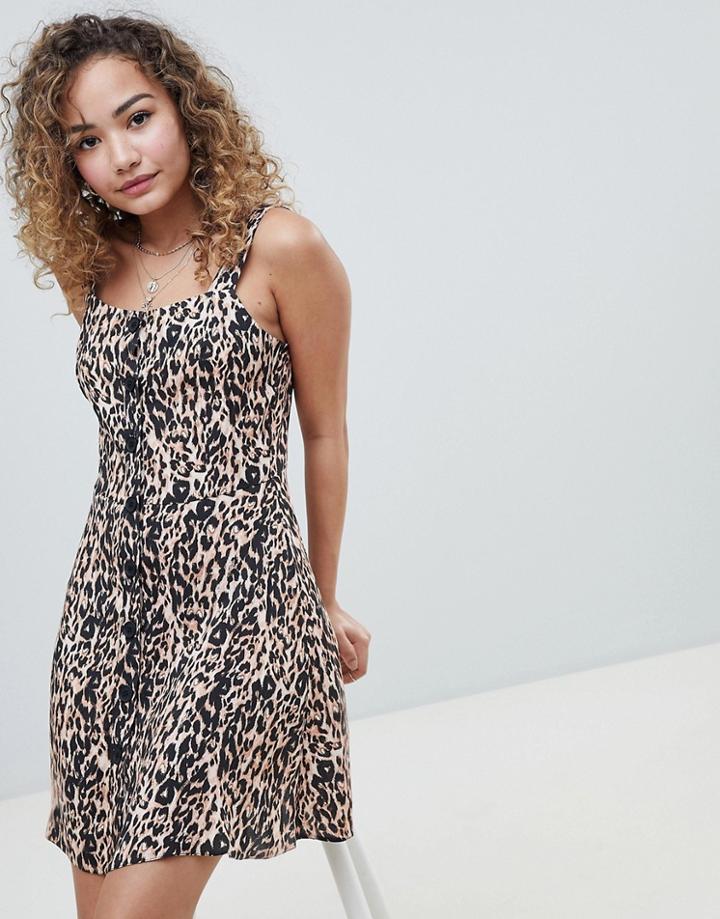 Miss Selfridge Shift Dress With Button Front In Leopard Print - Brown