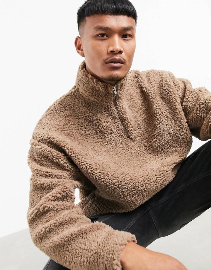 Asos Design Oversized Half Zip Track Neck Sweatshirt In Beige Teddy Borg-neutral