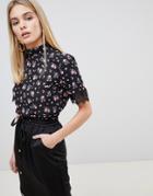 Fashion Union High Neck Top With Lace Trim In Dark Floral - Black