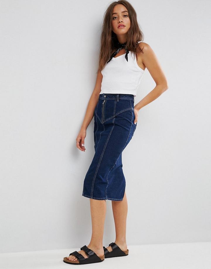 Asos Denim Midi Skirt With Zip Detail In Indigo - Blue