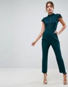 Asos Lace Top Jumpsuit With Fluted Sleeve - Green