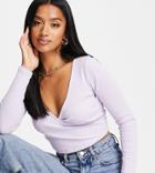 Asos Design Petite Long Sleeve Wrap Front Crop Top In Heather-purple