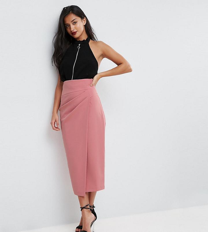 Asos Petite Tailored Midaxi Skirt With Rouched Pleat Detail - Pink