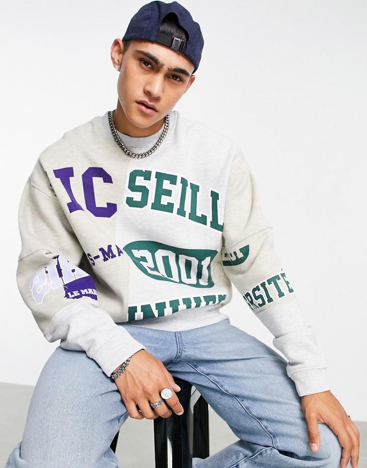 Asos Design Coordinating Oversized Sweatshirt In Spliced French Collegiate Print-grey
