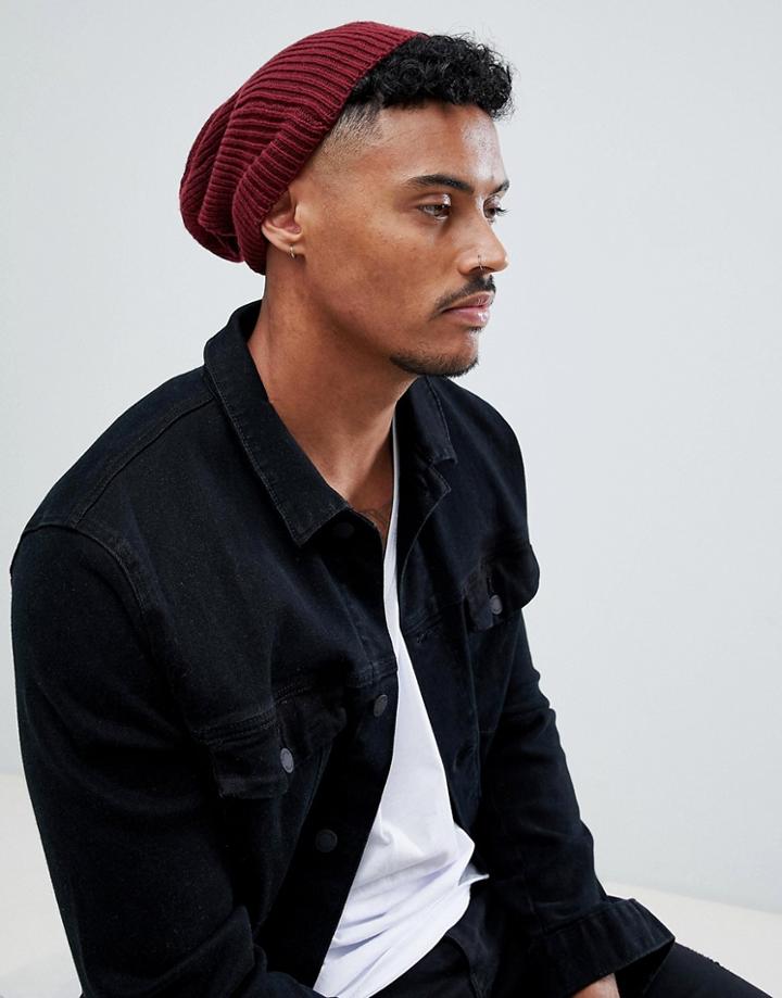 Asos Slouchy Beanie In Burgundy Recycled Polyester - Red