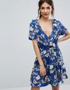 New Look Wrap Front Floral Print Skater Dress - Blue